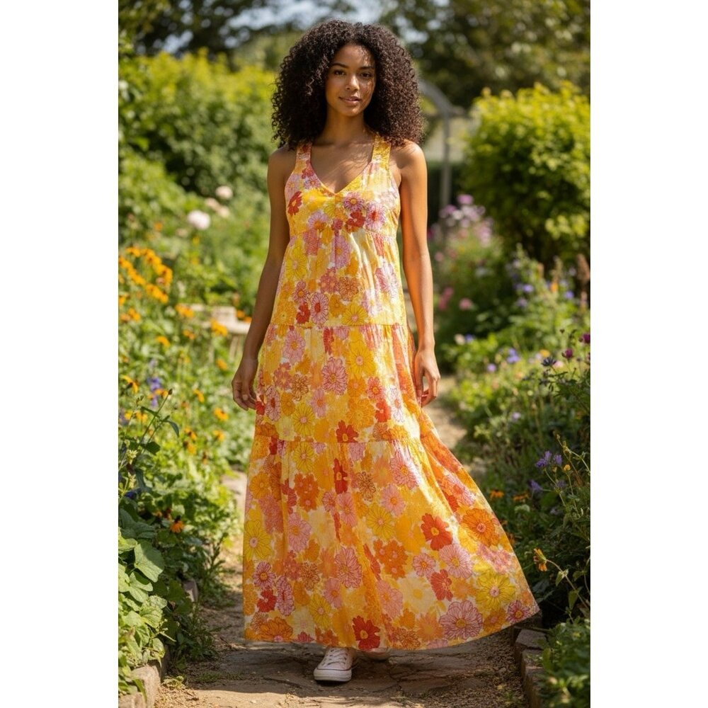 Petal & Pup 100% Organic Cotton Floral Summer Midi Dress Size 6 Criss Cross Back